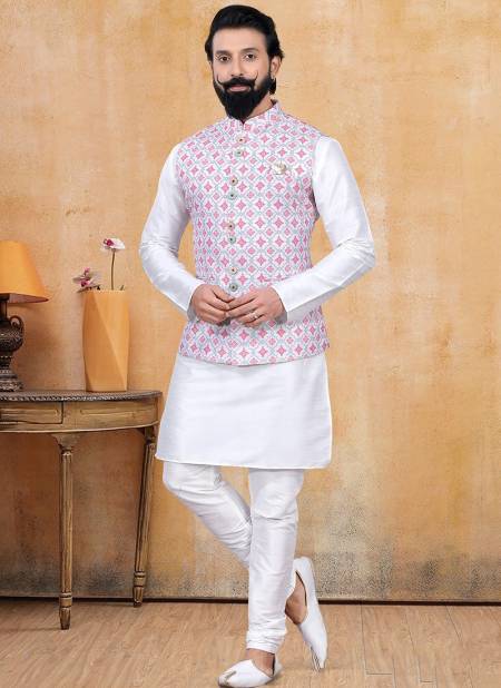 Pink And White Heavy Designer Fancy Festive Wear Kurta Pajama With Jacket Collection 1286